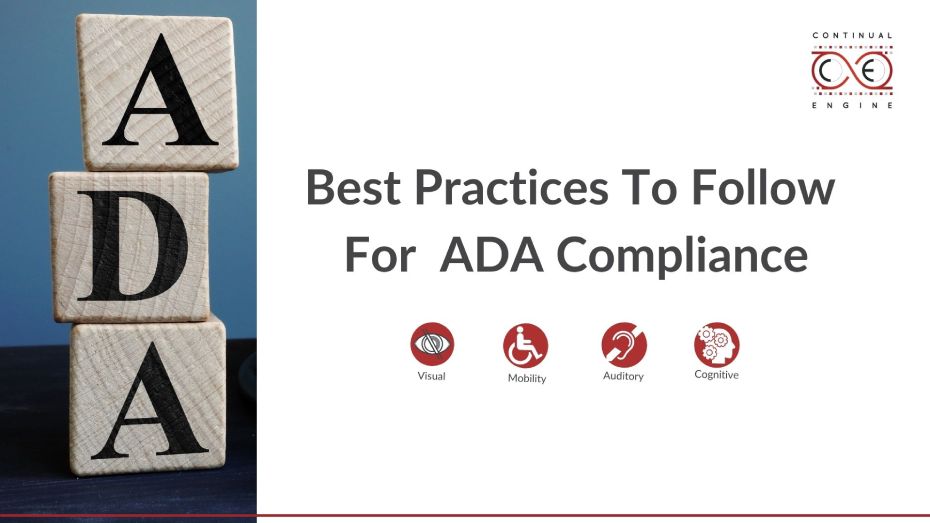 Image with wooden blocks spelling 'ADA' and text 'Best Practices to Follow for ADA Compliance' with icons representing visual, mobility, auditory, and cognitive accessibility.