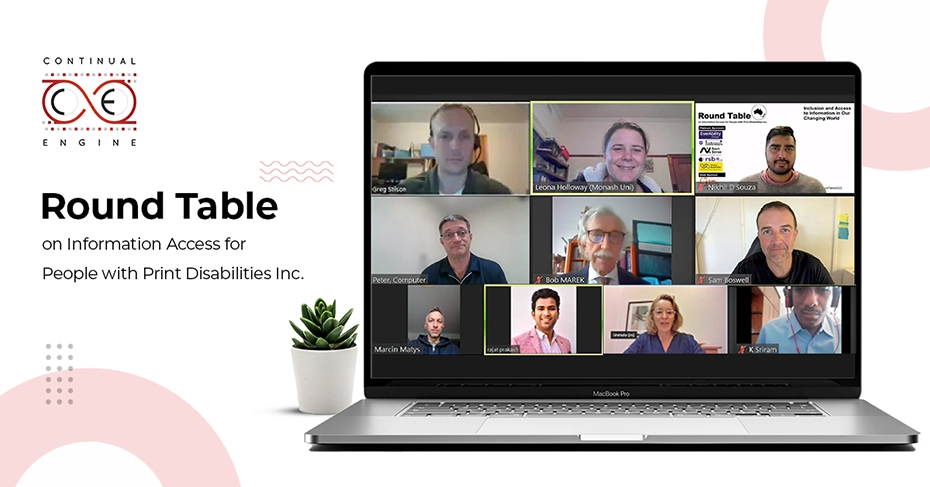 A laptop displaying a virtual round table meeting with nine participants discussing information access for people with print disabilities.