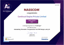 The figure illustrates a "Challenger Award, 2022" certificate awarded by NASSCOM to Continual Engine. The following text is printed on the certificate. NASSCOM congratulates Continual Engine Private Limited.