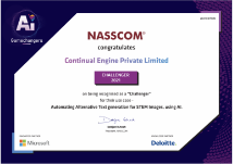 Challenger Award, 2022 certificate awarded by NASSCOM to Continual Engine. NASSCOM congratulates Continual Engine Private Limited.