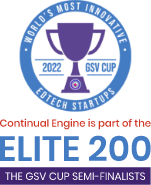 The figure illustrates an achievement of Continual Engine for the World's most innovative Ed Tech Startups, 2022, G S V Cup. The following text is shown below, Continual Engine is part of the ELITE 200, The G S V Cup semi-finalists.