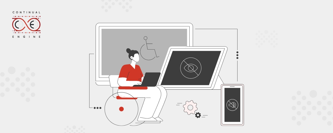 Illustration of a woman in a wheelchair working on a laptop, with accessibility icons displayed on a computer monitor, tablet, and smartphone.