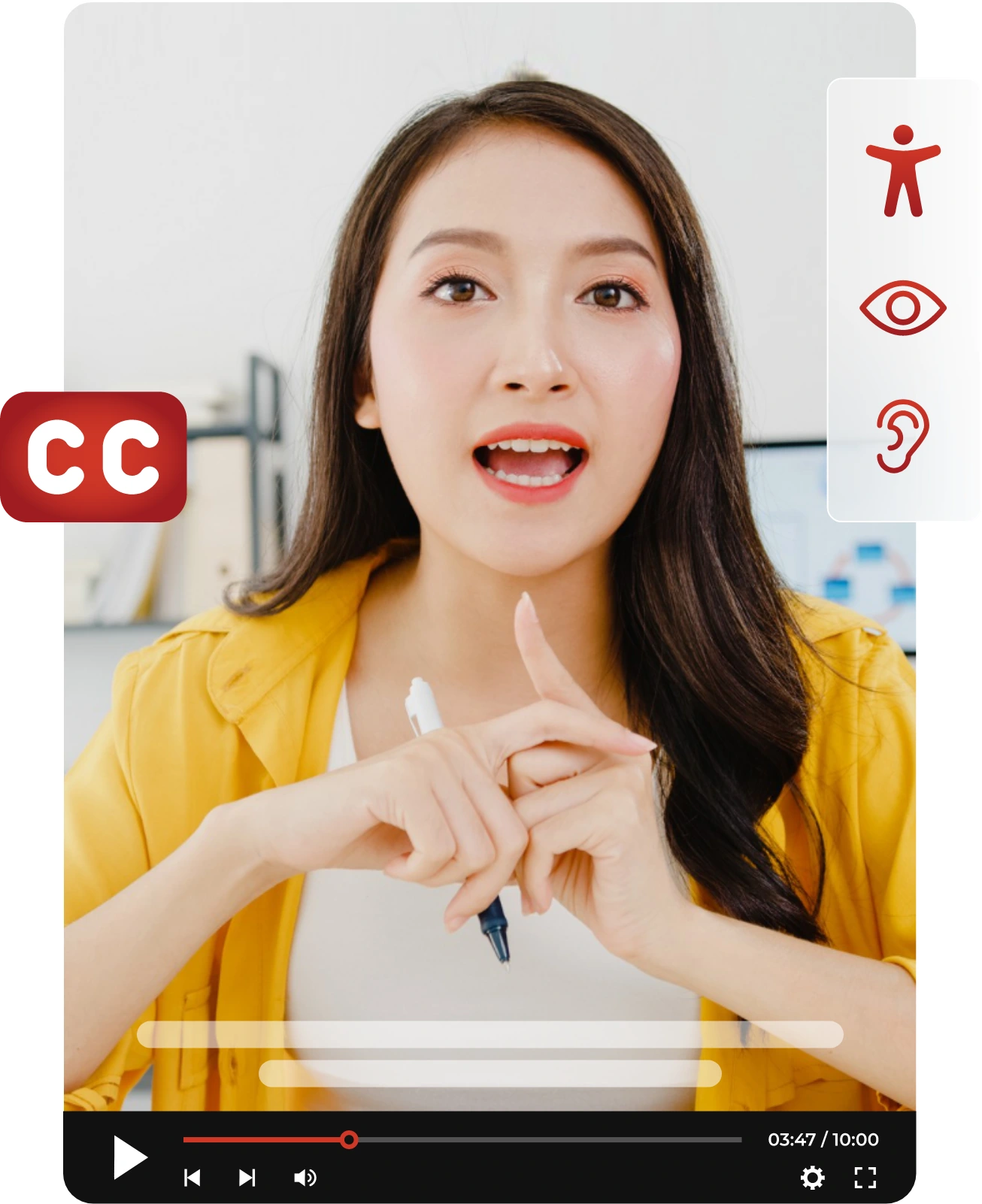 Woman in yellow blazer giving a video presentation, with closed captioning (CC) and accessibility icons.