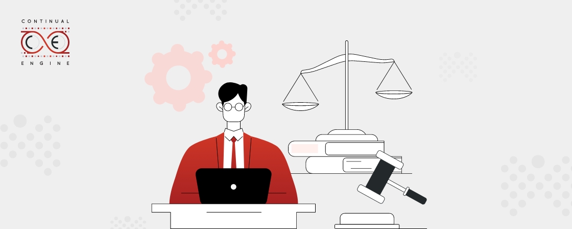 Illustration of a professional working on a laptop, with a gavel, scales of justice, and stacked books, symbolizing legal or compliance work.