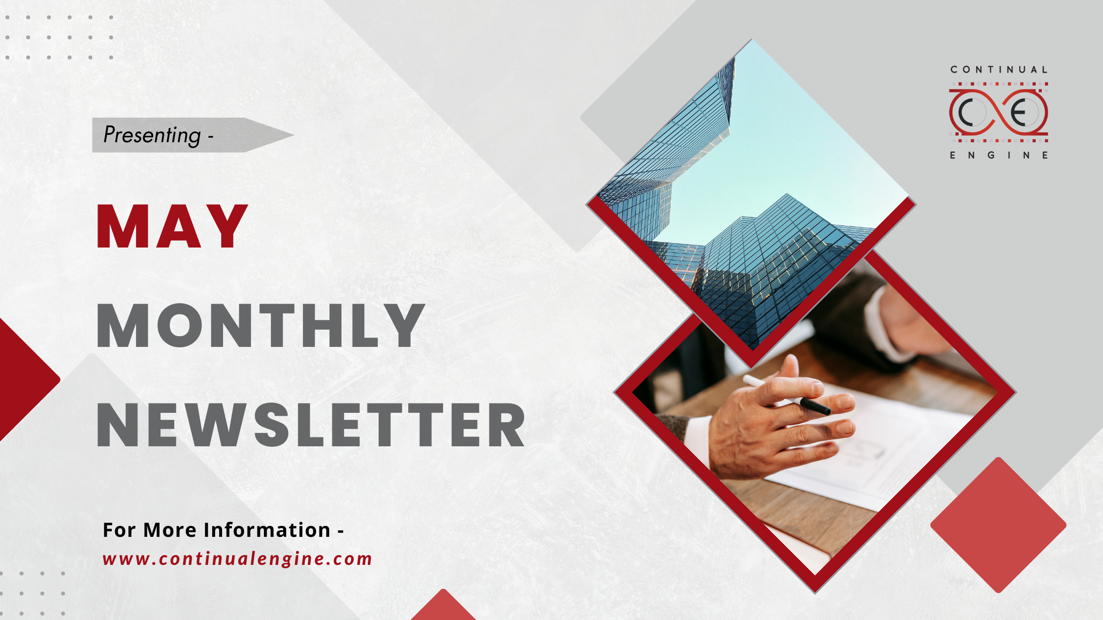 Banner of may monthly newsletter - continual engine